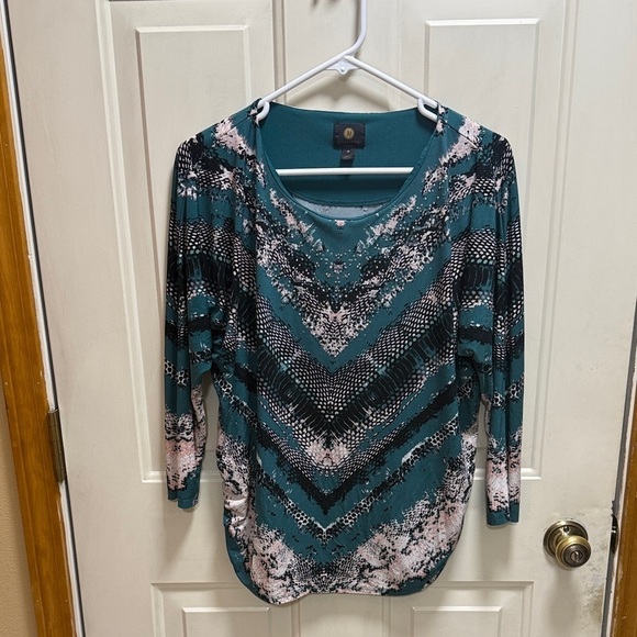 JM Collection Tops - JM Collection Teal and Black Patterned Long Sleeve Top